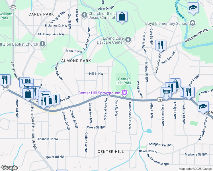 map of restaurants, bars, coffee shops, grocery stores, and more near 854 North Grand Avenue Northwest in Atlanta