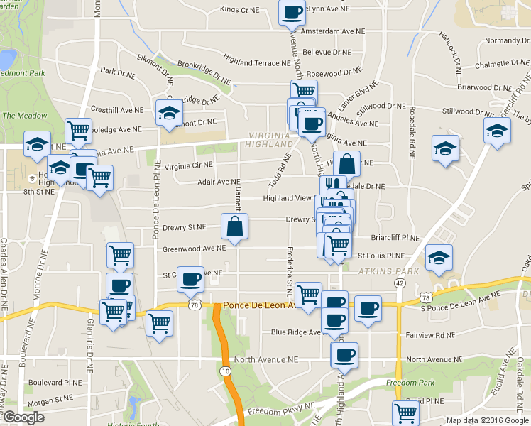map of restaurants, bars, coffee shops, grocery stores, and more near 926 Drewry Street Northeast in Atlanta