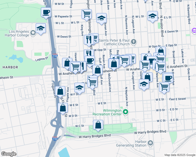 map of restaurants, bars, coffee shops, grocery stores, and more near 717 1/4 Gulf Avenue in Los Angeles