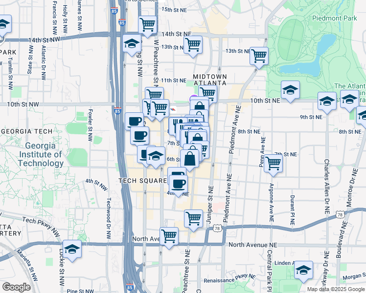 map of restaurants, bars, coffee shops, grocery stores, and more near 860 Peachtree Street Northeast in Atlanta