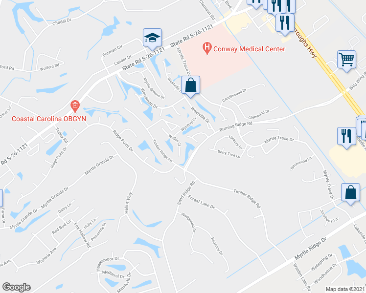 map of restaurants, bars, coffee shops, grocery stores, and more near 947 Welkin Court in Conway