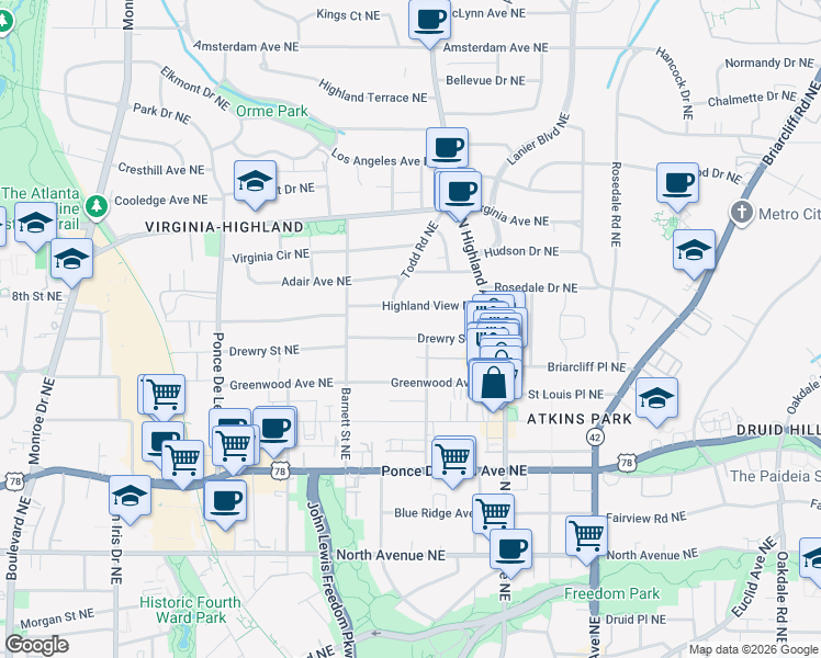 map of restaurants, bars, coffee shops, grocery stores, and more near 976 Drewry Street Northeast in Atlanta