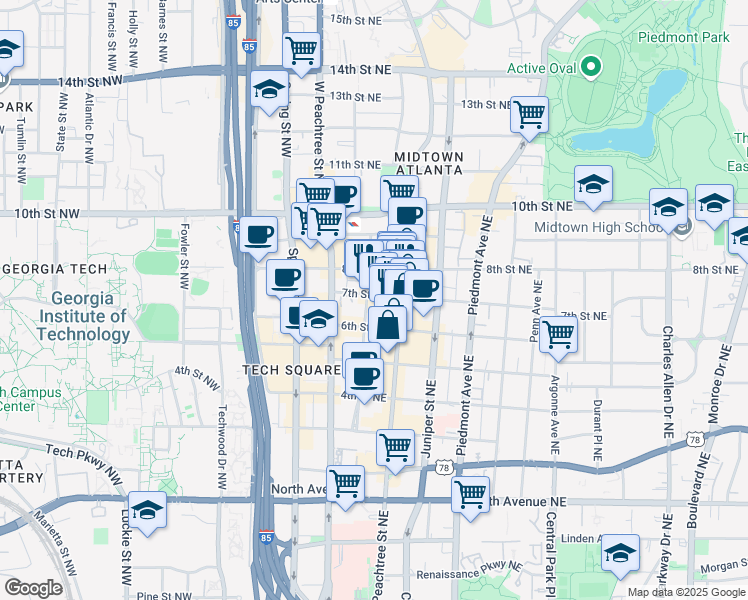map of restaurants, bars, coffee shops, grocery stores, and more near 870 Peachtree Street Northeast in Atlanta
