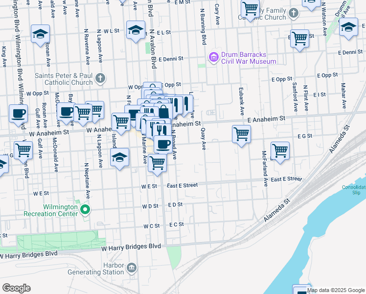 map of restaurants, bars, coffee shops, grocery stores, and more near 222 East G Street in Los Angeles