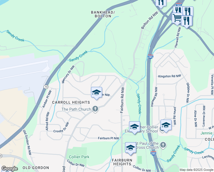 map of restaurants, bars, coffee shops, grocery stores, and more near 834 Bolton Place Northwest in Atlanta