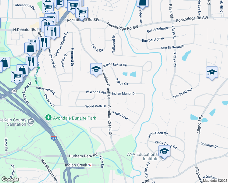 map of restaurants, bars, coffee shops, grocery stores, and more near 3996 Indian Manor Drive in Stone Mountain