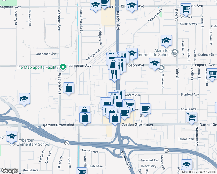 map of restaurants, bars, coffee shops, grocery stores, and more near 231 Lantana Drive in Stanton