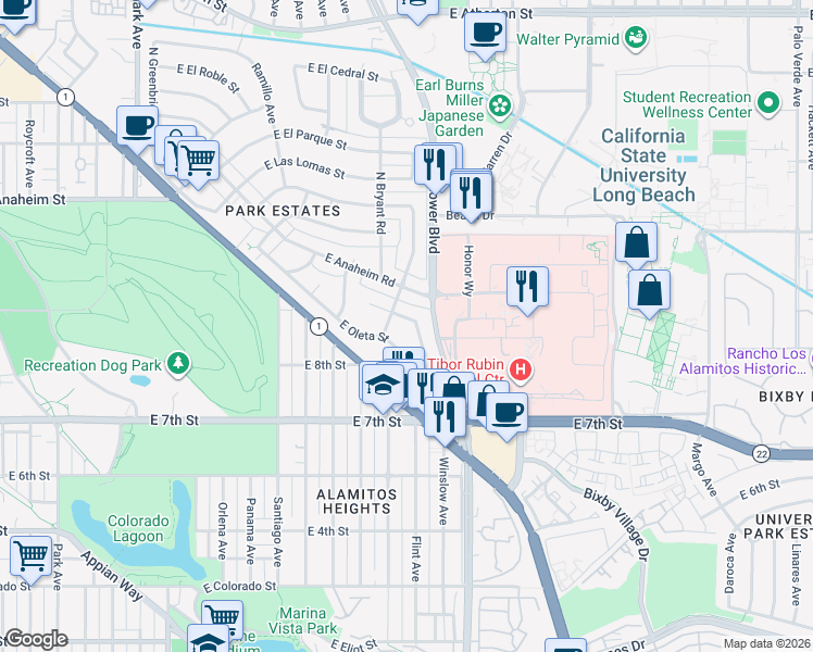 map of restaurants, bars, coffee shops, grocery stores, and more near 5560 East Lonna Linda Drive in Long Beach