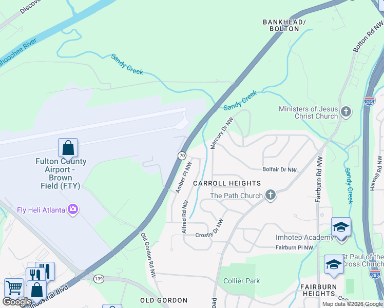 map of restaurants, bars, coffee shops, grocery stores, and more near 3743 Amber Road Northwest in Atlanta