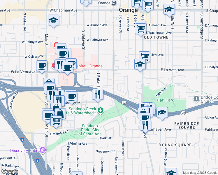 map of restaurants, bars, coffee shops, grocery stores, and more near 611 South La Veta Park Circle in Orange