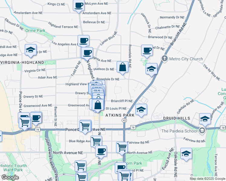 map of restaurants, bars, coffee shops, grocery stores, and more near 875 Arlington Place Northeast in Atlanta
