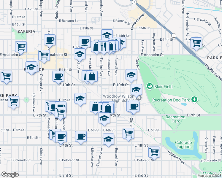 map of restaurants, bars, coffee shops, grocery stores, and more near 920 Belmont Avenue in Long Beach