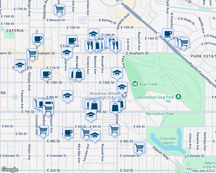 map of restaurants, bars, coffee shops, grocery stores, and more near 917 Bennett Avenue in Long Beach