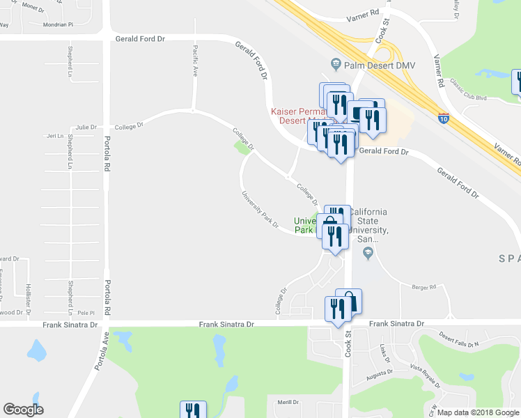 map of restaurants, bars, coffee shops, grocery stores, and more near University Park Drive in Palm Desert