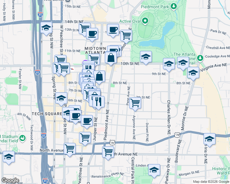 map of restaurants, bars, coffee shops, grocery stores, and more near 868 Myrtle Street Northeast in Atlanta