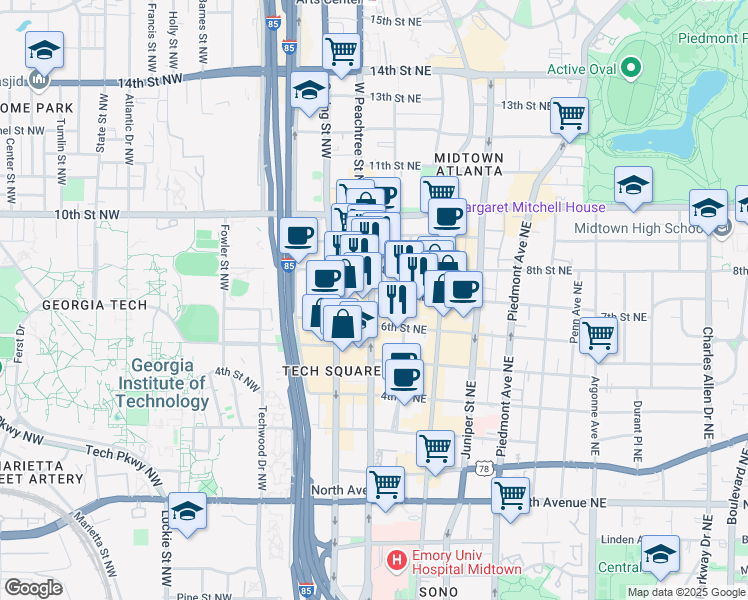 map of restaurants, bars, coffee shops, grocery stores, and more near 885 West Peachtree Street Northwest in Atlanta