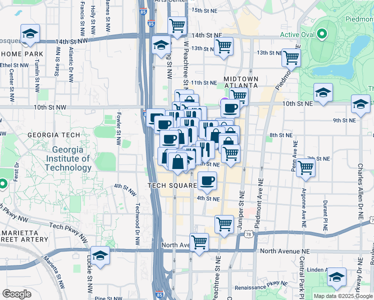 map of restaurants, bars, coffee shops, grocery stores, and more near 866 West Peachtree Street Northwest in Atlanta