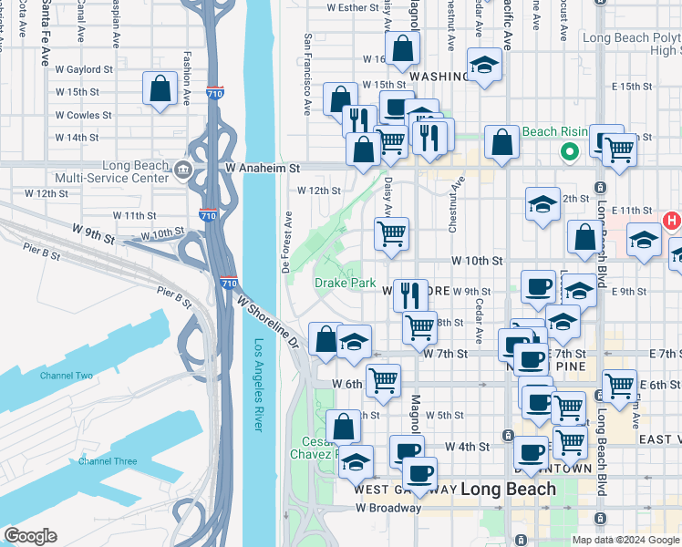 map of restaurants, bars, coffee shops, grocery stores, and more near 923 North Park Circle Drive in Long Beach