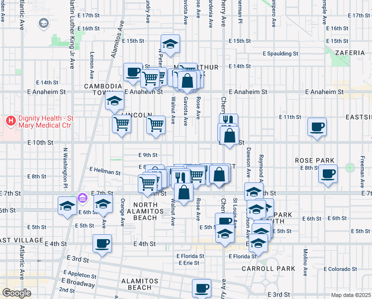 map of restaurants, bars, coffee shops, grocery stores, and more near 917 Gaviota Avenue in Long Beach