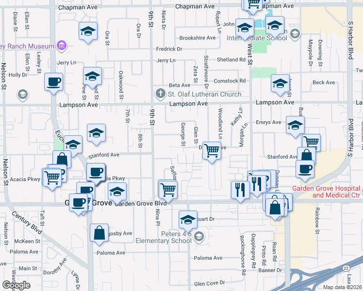 map of restaurants, bars, coffee shops, grocery stores, and more near 12701 George Street in Garden Grove