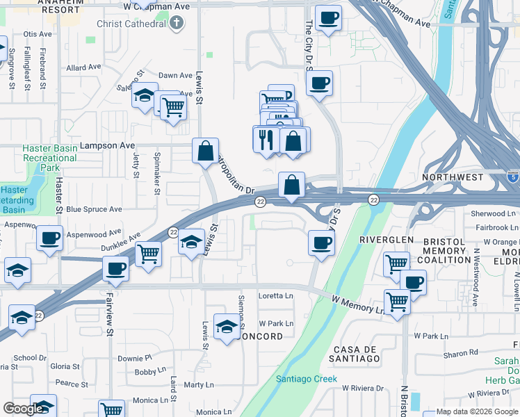 map of restaurants, bars, coffee shops, grocery stores, and more near 3725 West Park Balboa Avenue in Orange