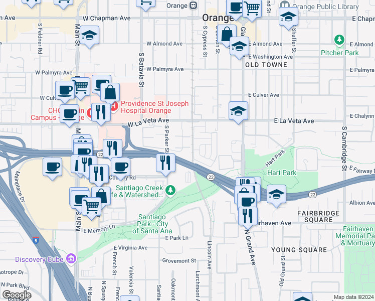 map of restaurants, bars, coffee shops, grocery stores, and more near 611 South La Veta Park Circle in Orange