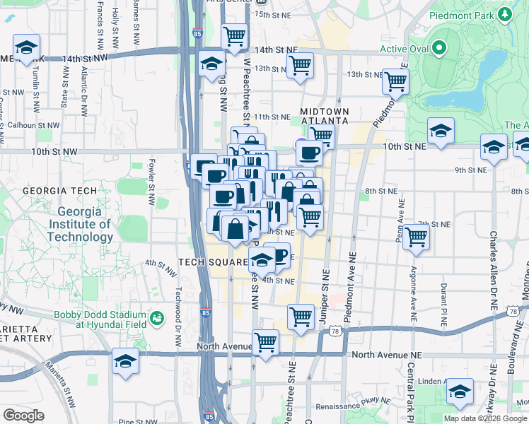 map of restaurants, bars, coffee shops, grocery stores, and more near 875 West Peachtree Street Northwest in Atlanta