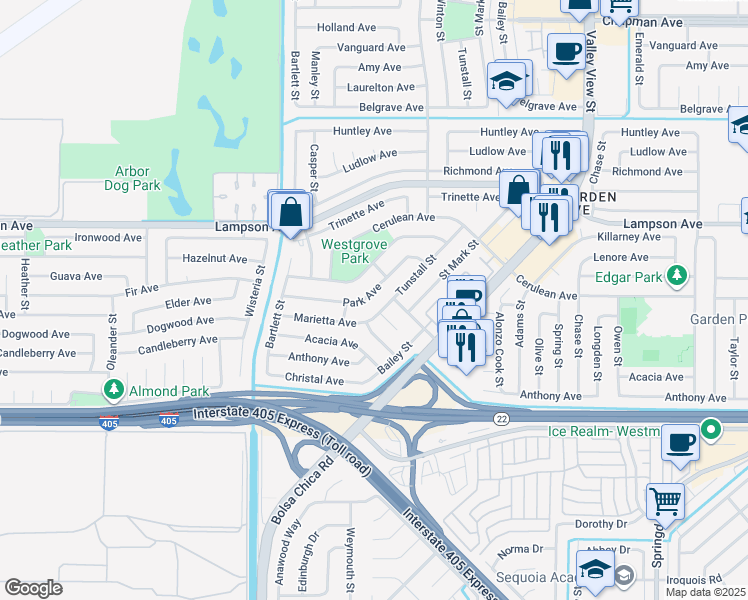 map of restaurants, bars, coffee shops, grocery stores, and more near 5404 Park Avenue in Garden Grove