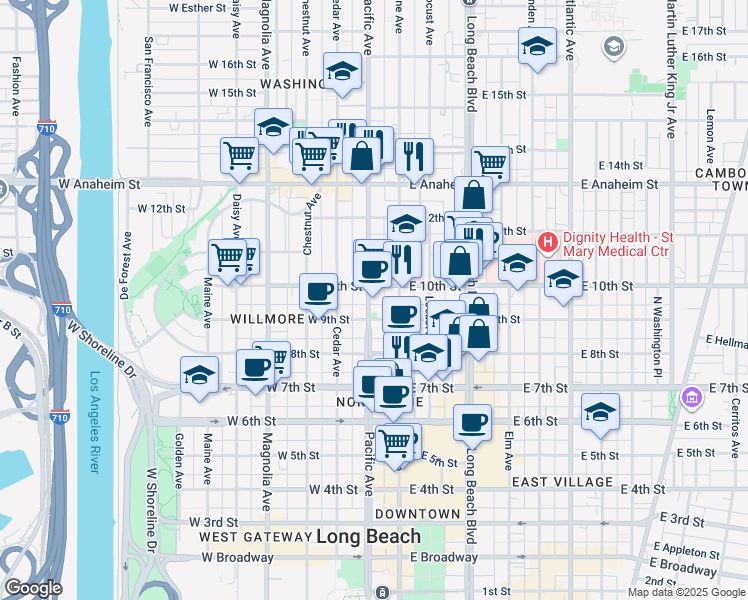 map of restaurants, bars, coffee shops, grocery stores, and more near 936 Pacific Avenue in Long Beach