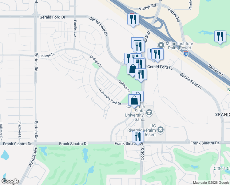 map of restaurants, bars, coffee shops, grocery stores, and more near 36-951 College Drive in Palm Desert