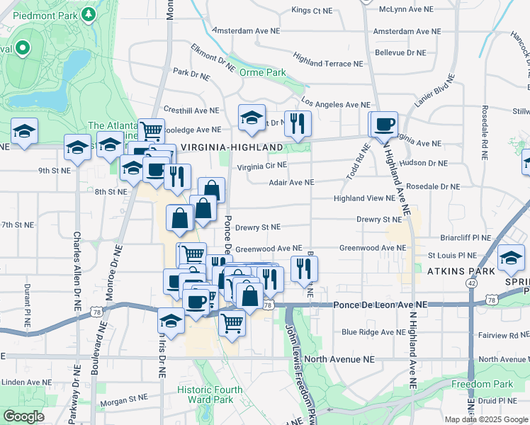 map of restaurants, bars, coffee shops, grocery stores, and more near 787 Ponce De Leon Terrace Northeast in Atlanta