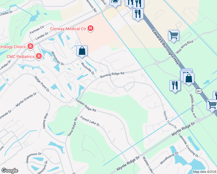 map of restaurants, bars, coffee shops, grocery stores, and more near 104 Hickory Drive in Conway
