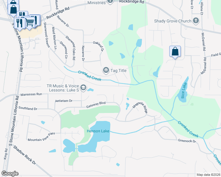 map of restaurants, bars, coffee shops, grocery stores, and more near 5901 Simone Drive in Stone Mountain
