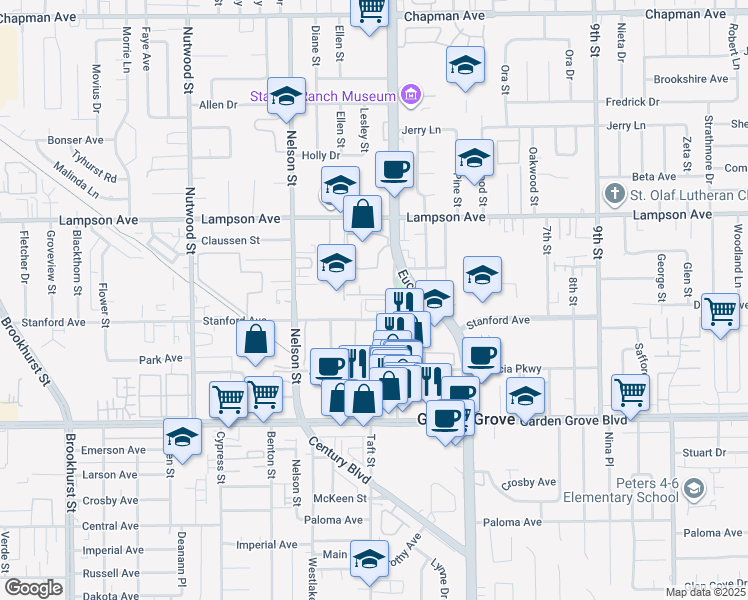 map of restaurants, bars, coffee shops, grocery stores, and more near 10940 Barcelona Court in Garden Grove