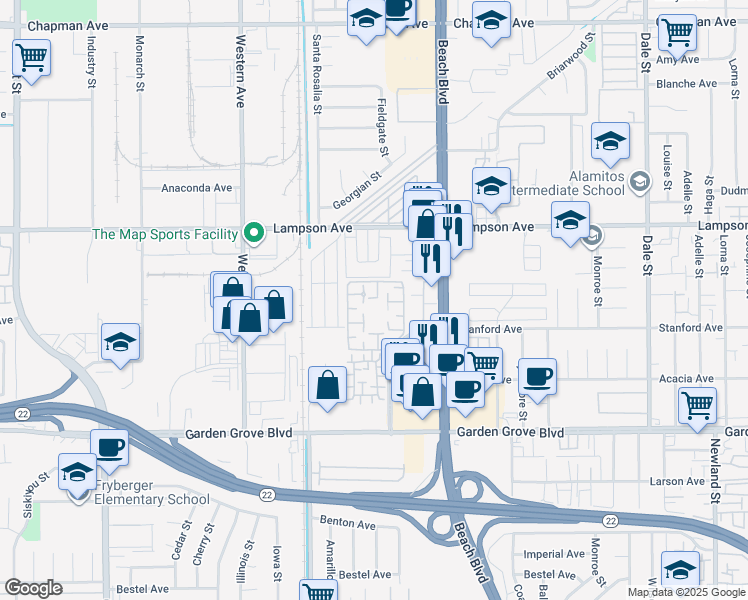 map of restaurants, bars, coffee shops, grocery stores, and more near 12621 Moordale Circle in Stanton