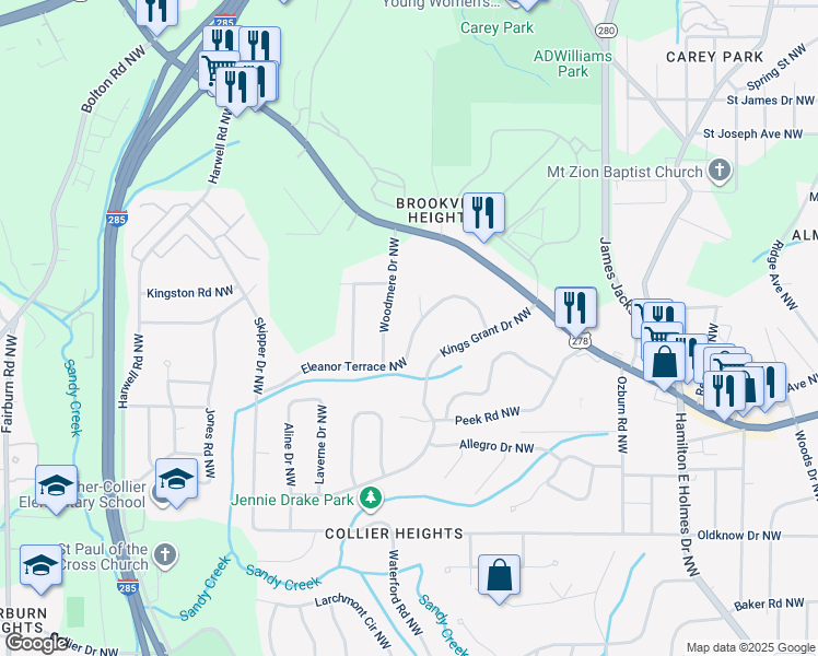 map of restaurants, bars, coffee shops, grocery stores, and more near 2949 Eleanor Terrace Northwest in Atlanta