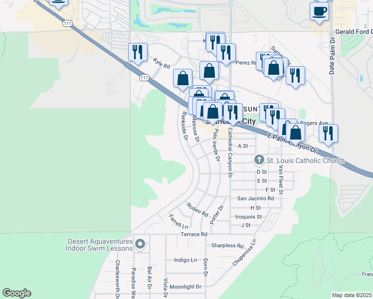 map of restaurants, bars, coffee shops, grocery stores, and more near 37187 Bankside Drive in Cathedral City
