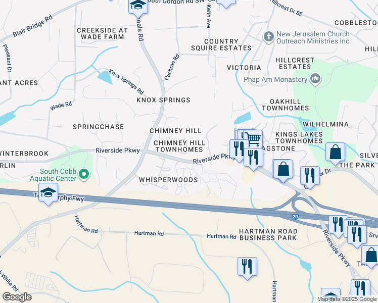 map of restaurants, bars, coffee shops, grocery stores, and more near 7258 Rockhouse Road in Austell