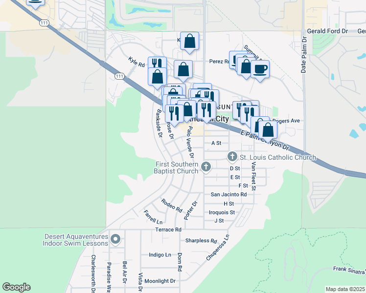 map of restaurants, bars, coffee shops, grocery stores, and more near 37188 Melrose Drive in Cathedral City