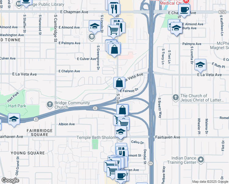 map of restaurants, bars, coffee shops, grocery stores, and more near 615 South Tustin Street in Orange