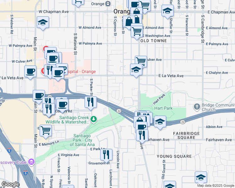 map of restaurants, bars, coffee shops, grocery stores, and more near 619 South Cypress Street in Orange