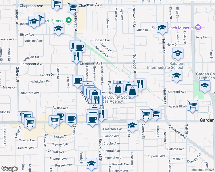 map of restaurants, bars, coffee shops, grocery stores, and more near 12691 Flower Street in Garden Grove
