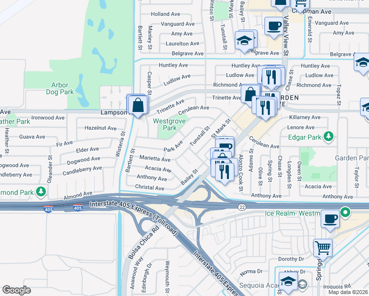 map of restaurants, bars, coffee shops, grocery stores, and more near 5404 Park Avenue in Garden Grove