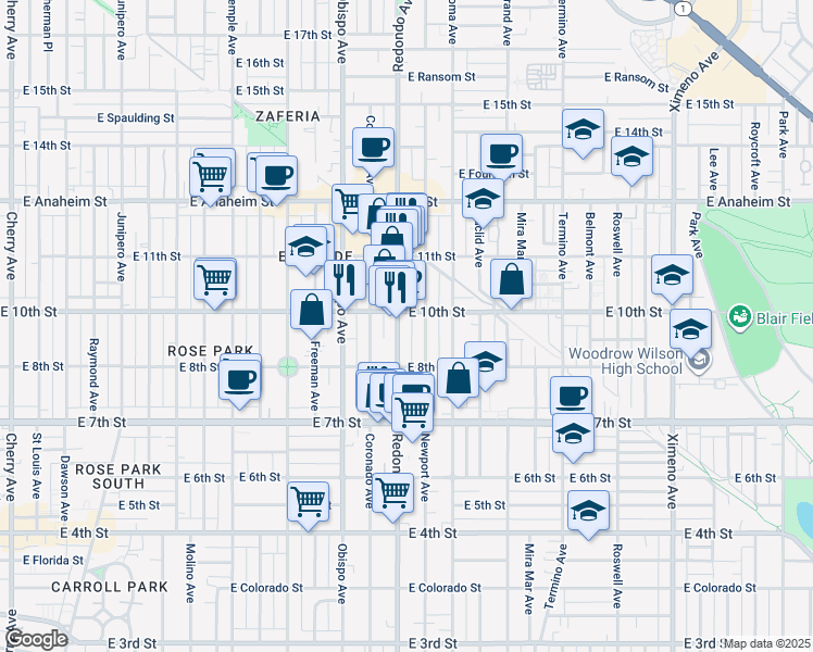 map of restaurants, bars, coffee shops, grocery stores, and more near 924 Redondo Avenue in Long Beach