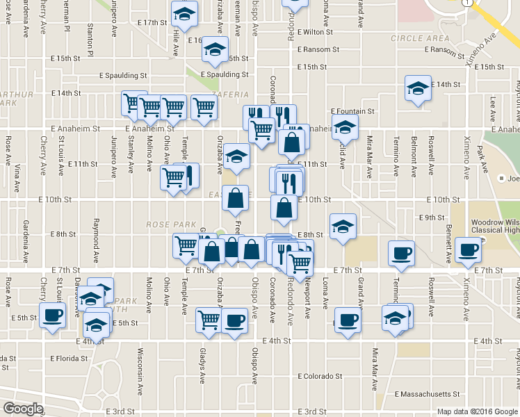 map of restaurants, bars, coffee shops, grocery stores, and more near 915 Obispo Avenue in Long Beach