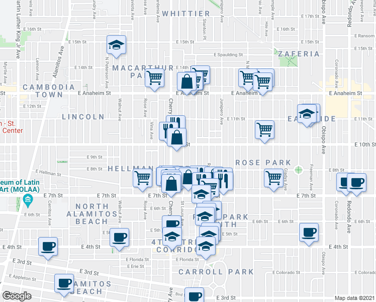 map of restaurants, bars, coffee shops, grocery stores, and more near 909 Dawson Avenue in Long Beach