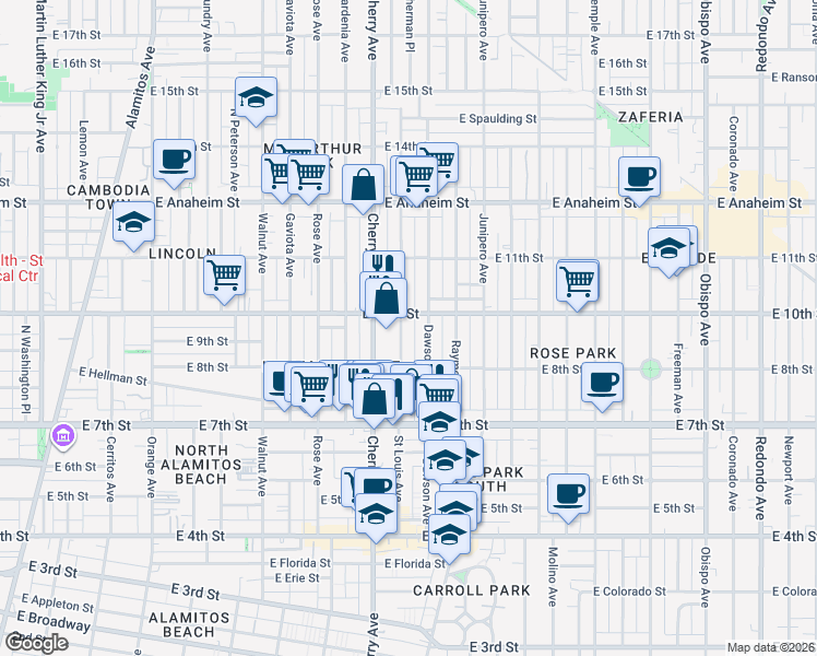 map of restaurants, bars, coffee shops, grocery stores, and more near 2038 East 10th Street in Long Beach