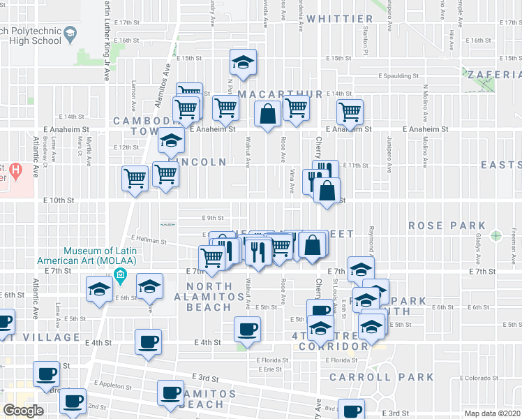 map of restaurants, bars, coffee shops, grocery stores, and more near in Long Beach