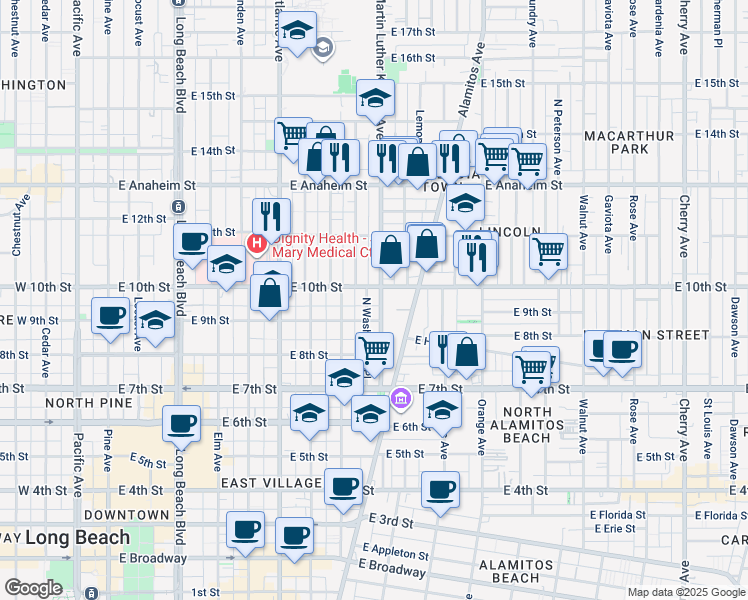 map of restaurants, bars, coffee shops, grocery stores, and more near in Long Beach