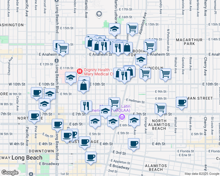 map of restaurants, bars, coffee shops, grocery stores, and more near 940 Olive Avenue in Long Beach